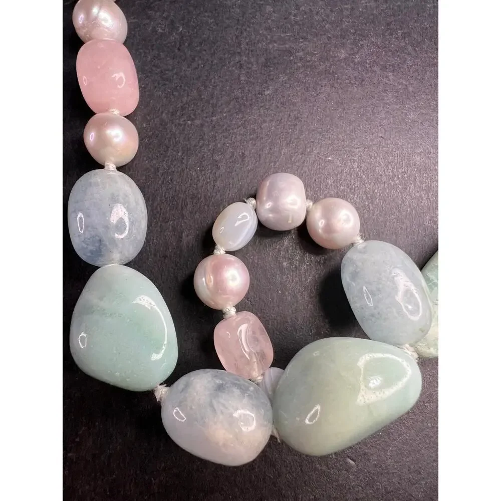 NEW dead stock amazonite , pearl multi stone sterling silver 30 inch necklace